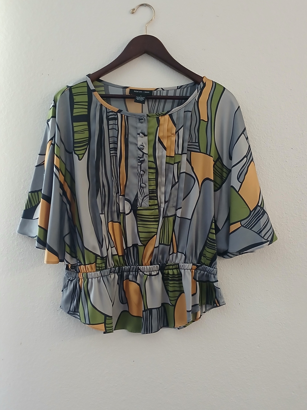 Focus 2000 Abstract Peplum Blouse - Gray, Green, Yellow